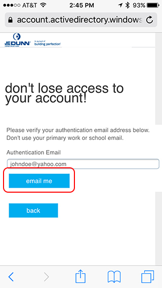 Alternate authentication setup via email