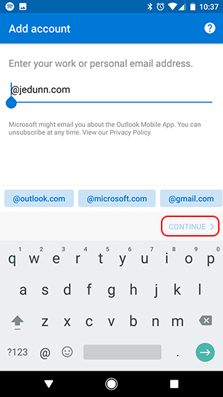 Outlook for Android add account