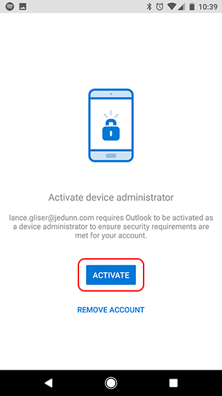 Outlook for Android device administrator required