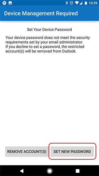 Outlook for Android set device password screen
