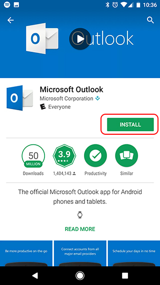 Install Outlook for Android Play Store screen