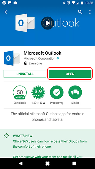 Open Outlook for Android Play Store screen