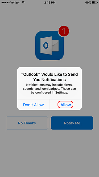 Outlook for iPhone enable notifications permission