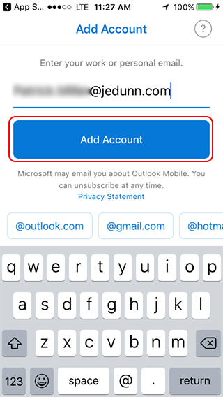 Outlook for iPhone add account
