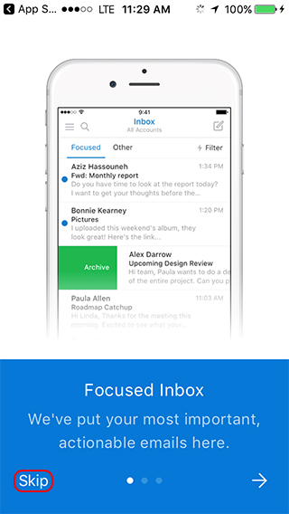 Outlook for iPhone tips screen