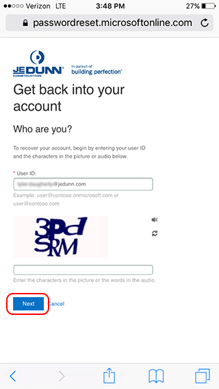 Microsoft reset password identification screen