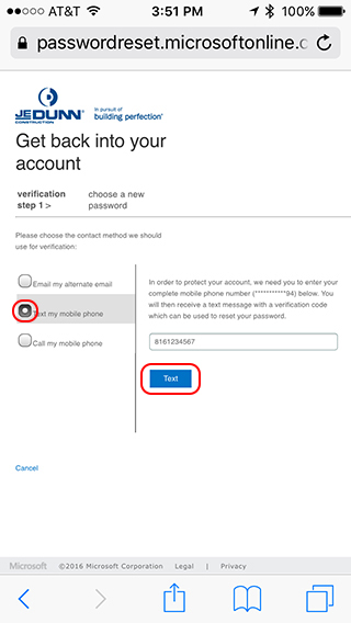 microsoft password reset code text